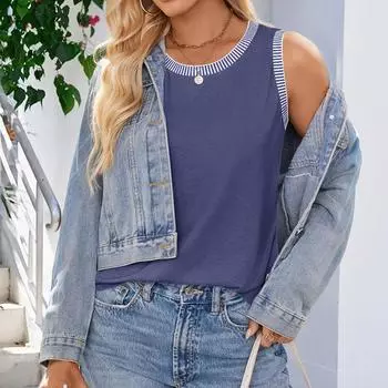 Женская модная повседневная футболка-топ без рукавов с круглым вырезом и цветными блоками, приталенная L