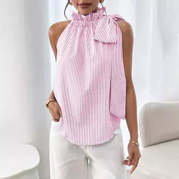 Женская модная повседневная футболка-топ без рукавов с круглым вырезом, в полоску, с кружевной отделкой M розовый