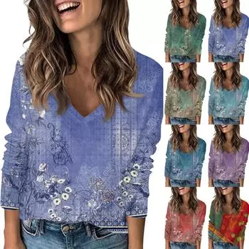 Женская модная повседневная футболка в стиле ретро с V-образным вырезом и длинными рукавами XL красный