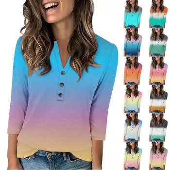 Женская модная повседневная футболка в стиле ретро с градиентным принтом, V-образным вырезом и рукавом семь четвертей на пуговицах L синий