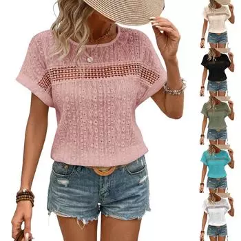 Женская модная повседневная футболка весна/лето с кружевным вырезом и круглым вырезом и рукавом «летучая мышь» L армия зеленый