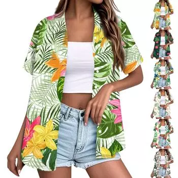 Женская модная повседневная гавайская блузка с коротким рукавом и лацканами на пуговицах L армия зеленый