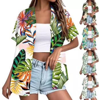 Женская модная повседневная гавайская блузка с коротким рукавом и лацканами на пуговицах L армия зеленый