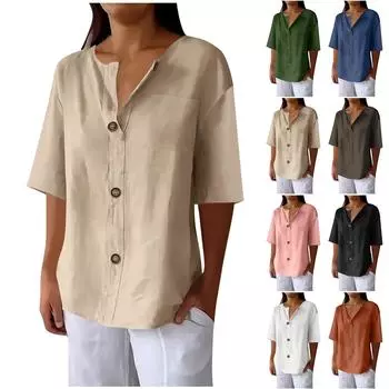 Женская модная повседневная хлопковая блузка с V-образным вырезом и пуговицами на половину рукава L