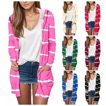 Женская модная повседневная кардиган-куртка с длинным рукавом и капюшоном средней длины L бежевый