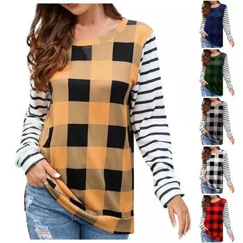 Женская модная повседневная клетчатая плюшевая футболка с круглым вырезом и длинным рукавом XXL красный