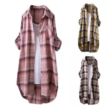 Женская модная повседневная клетчатая рубашка в длинной свободной корейской версии рубашки большого размера с длинным рукавом L хаки
