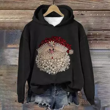 Женская модная повседневная кофта с длинными рукавами и рождественским принтом, с капюшоном L чёрный