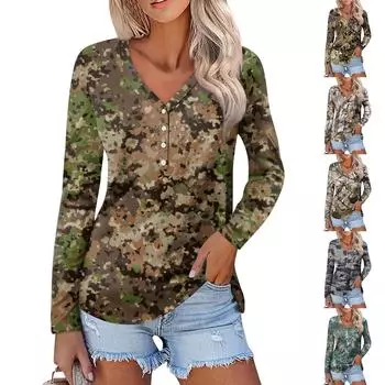 Женская модная повседневная кофта с длинными рукавами и принтом листьев, камуфляжным принтом, V-образным вырезом и пуговицами L коричневый