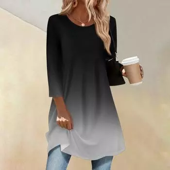 Женская модная повседневная кофта с рукавом три четверти, длинная, с градиентом, с круглым вырезом L чёрный