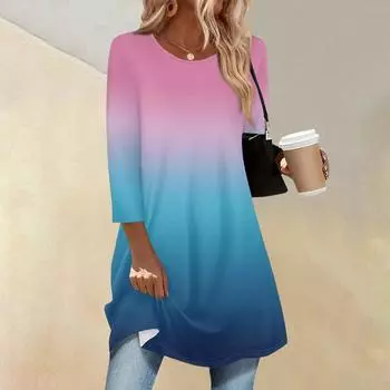 Женская модная повседневная кофта с рукавом три четверти, длинная, с градиентом, с круглым вырезом XL розовый