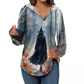Женская модная повседневная кофта с V-образным вырезом и завязками на Хэллоуин с принтом ведьмы и длинными рукавами с капюшоном XXL