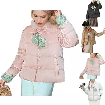 Женская модная повседневная короткая утолщенная вышитая зимняя теплая хлопковая пуховая куртка L бежевый