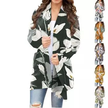 Женская модная повседневная куртка-кардиган миди с длинным рукавом и цветочным принтом, топы L чёрный