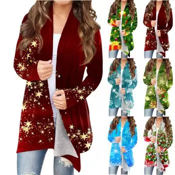 Женская модная повседневная куртка-кардиган миди с длинным рукавом с рождественским принтом XXL винный