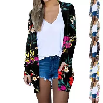 Женская модная повседневная куртка-кардиган миди с длинным рукавом и цветочным принтом, топы L чёрный