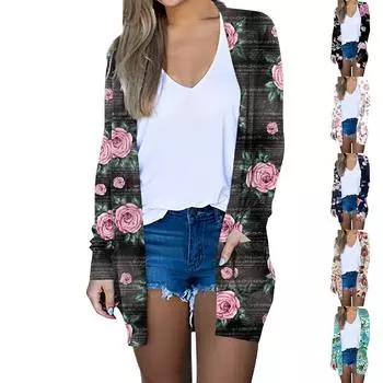 Женская модная повседневная куртка-кардиган миди с длинным рукавом и цветочным принтом, топы L зелёный