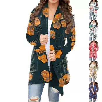 Женская модная повседневная куртка-кардиган миди с длинным рукавом и цветочным принтом, топы L коричневый