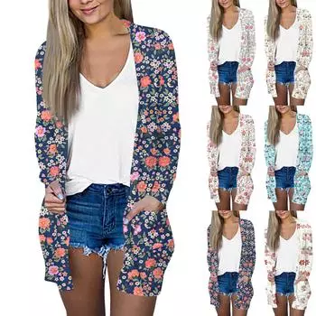 Женская модная повседневная куртка-кардиган миди с длинным рукавом и цветочным принтом, топы XL циан