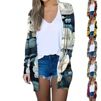 Женская модная повседневная куртка-кардиган миди с длинным рукавом и цветочным принтом, топы L зелёный