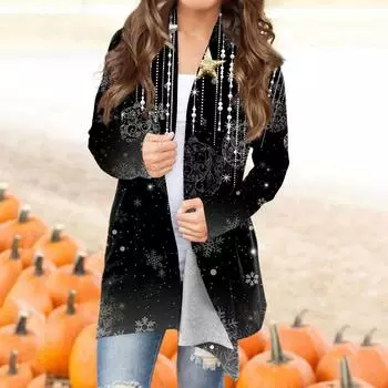 Женская модная повседневная куртка-кардиган миди с длинным рукавом с рождественским принтом XXL чёрный