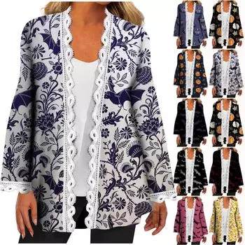 Женская модная повседневная куртка-кардиган с длинными рукавами и кружевным принтом на Хэллоуин XXXL жёлтый