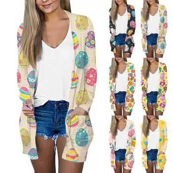 Женская модная повседневная куртка-кардиган с пасхальным принтом средней длины, пальто L