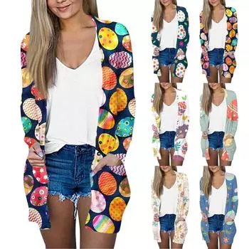 Женская модная повседневная куртка-кардиган с пасхальным принтом средней длины, пальто L синий