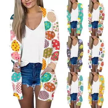 Женская модная повседневная куртка-кардиган с пасхальным принтом средней длины, пальто L