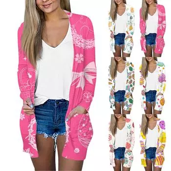 Женская модная повседневная куртка-кардиган с пасхальным принтом средней длины, пальто L