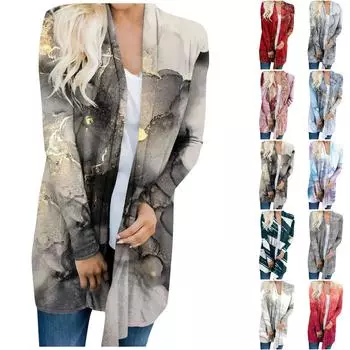 Женская модная повседневная куртка-кардиган с принтом средней длины, пальто L синий
