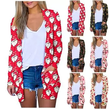 Женская модная повседневная куртка-кардиган с рождественским принтом средней длины, пальто L чёрный