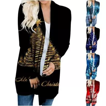 Женская модная повседневная куртка-кардиган с рождественским принтом средней длины, пальто L чёрный