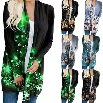Женская модная повседневная куртка-кардиган с рождественским принтом средней длины, пальто XXL чёрный