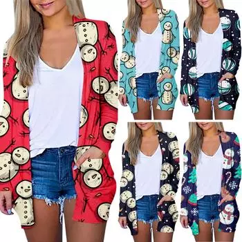 Женская модная повседневная куртка-кардиган с рождественским принтом средней длины, пальто XXXL синий