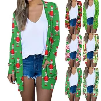 Женская модная повседневная куртка-кардиган с рождественским принтом средней длины, пальто XXL зелёный