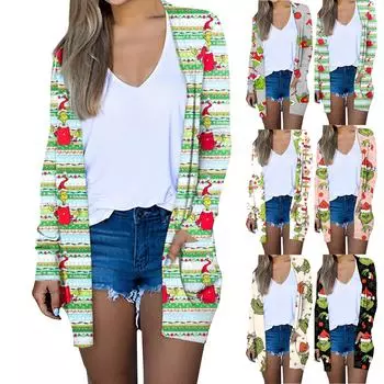 Женская модная повседневная куртка-кардиган с рождественским принтом средней длины, пальто L бежевый