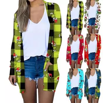 Женская модная повседневная куртка-кардиган с рождественским принтом средней длины, пальто L красный