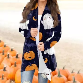 Женская модная повседневная куртка-кардиган средней длины с принтом на Хэллоуин и нерегулярным подолом L тёмно-синий