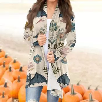 Женская модная повседневная куртка-кардиган средней длины с принтом на Хэллоуин и нерегулярным подолом XXXXXL бежевый