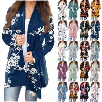 Женская модная повседневная куртка-кардиган средней длины с цветочным принтом, пальто L синий