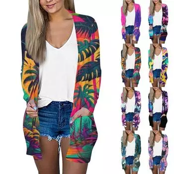 Женская модная повседневная куртка-кардиган средней длины с длинным рукавом и цветочным принтом в стиле ретро L темно-зеленого