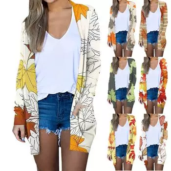 Женская модная повседневная куртка-кардиган средней длины в стиле ретро с цветочным принтом L бежевый