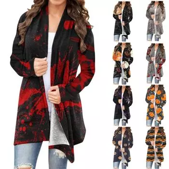 Женская модная повседневная куртка-кардиган средней длины с длинным рукавом и принтом на Хэллоуин L