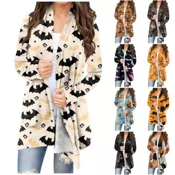 Женская модная повседневная куртка-кардиган средней длины с длинными рукавами и принтом на Хэллоуин, пальто S чёрный
