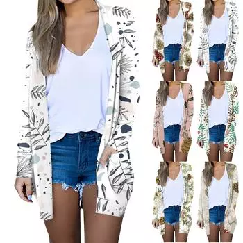 Женская модная повседневная куртка-кардиган средней длины в стиле ретро с цветочным принтом M