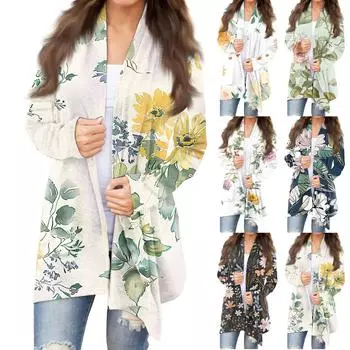 Женская модная повседневная куртка-кардиган средней длины в стиле ретро с цветочным принтом S жёлтый