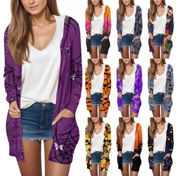 Женская модная повседневная куртка-кардиган средней длины с длинными рукавами и капюшоном на Хэллоуин L