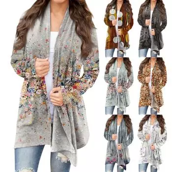 Женская модная повседневная куртка-кардиган средней длины с цветочным принтом, пальто XXL белый
