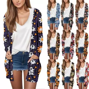 Женская модная повседневная куртка-кардиган средней длины с длинными рукавами и капюшоном на Хэллоуин XXL чёрный